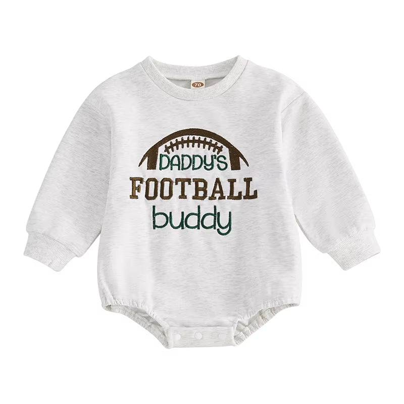 Adorable Baby Fall Romper with Football Embroidery – Long Sleeve Crew Neck Bubble Jumpsuit for Boys and Girls