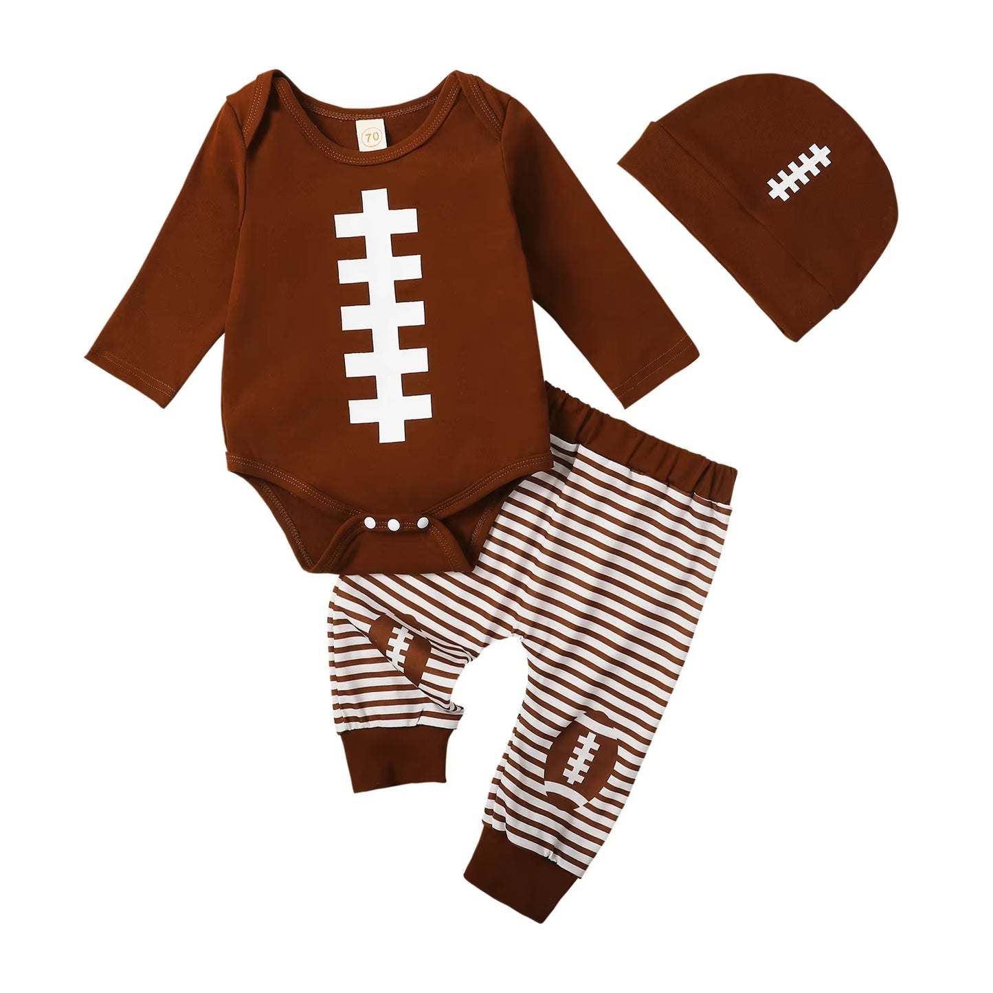 Adorable Baby Boy Football Print 3-Piece Outfit Set with Long Sleeve Romper, Striped Pants, and Beanie Hat for Fall & Spring