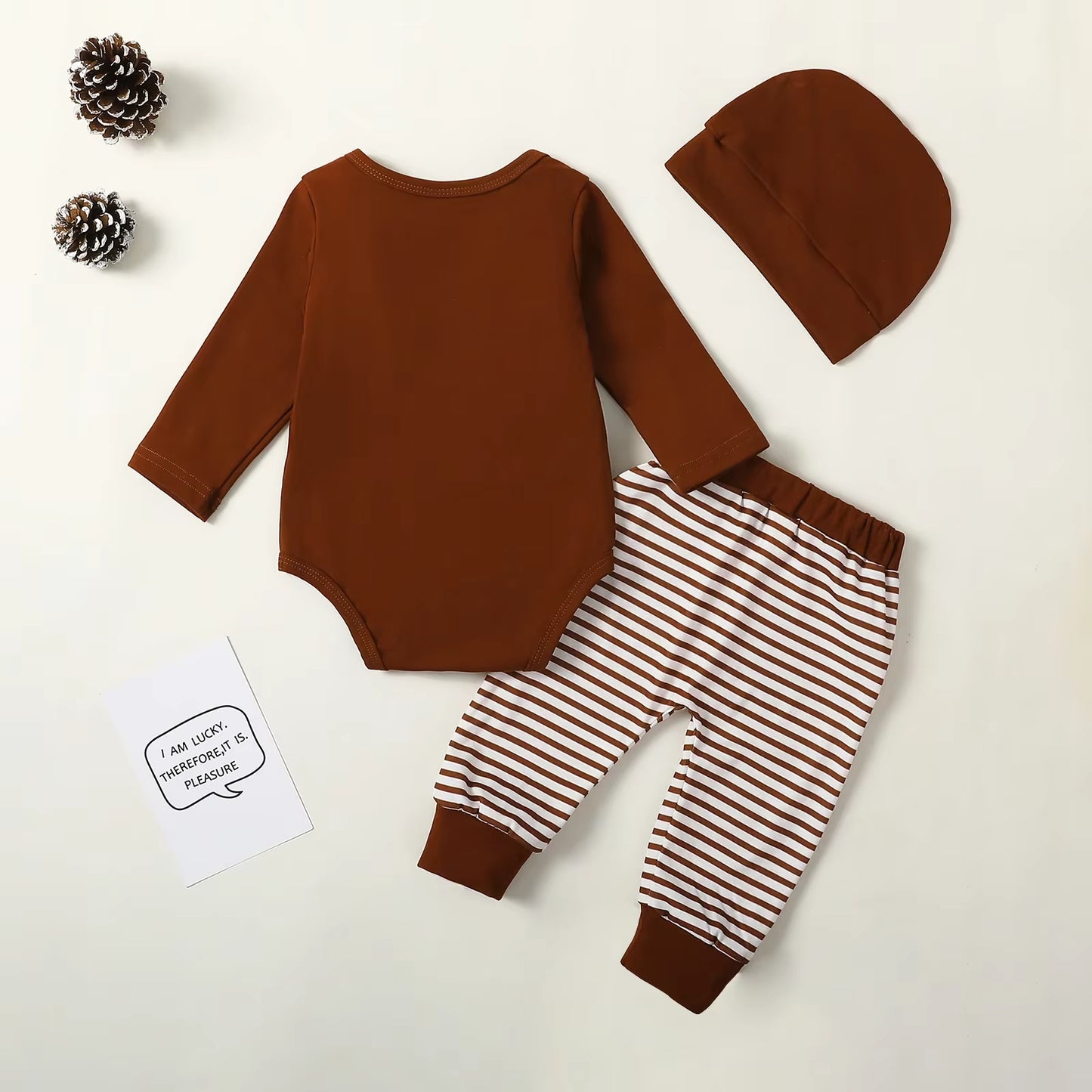 Adorable Baby Boy Football Print 3-Piece Outfit Set with Long Sleeve Romper, Striped Pants, and Beanie Hat for Fall & Spring