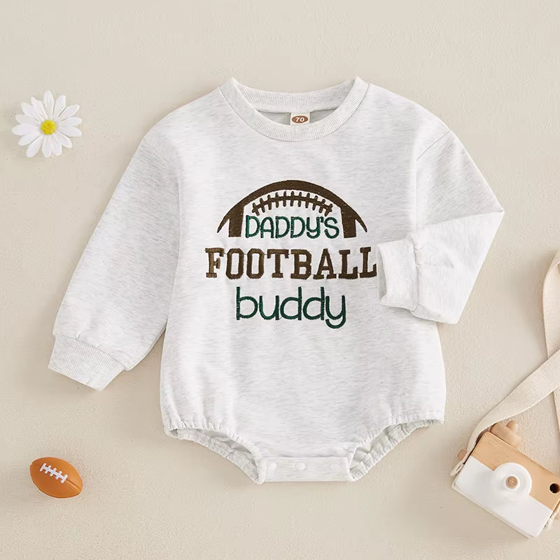 Adorable Baby Fall Romper with Football Embroidery – Long Sleeve Crew Neck Bubble Jumpsuit for Boys and Girls