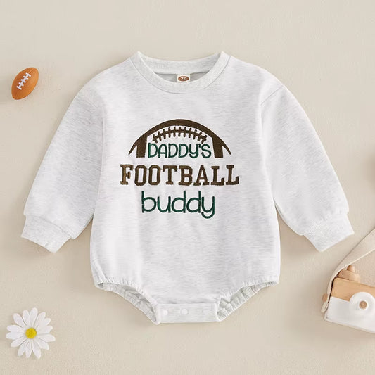 Adorable Baby Fall Romper with Football Embroidery – Long Sleeve Crew Neck Bubble Jumpsuit for Boys and Girls