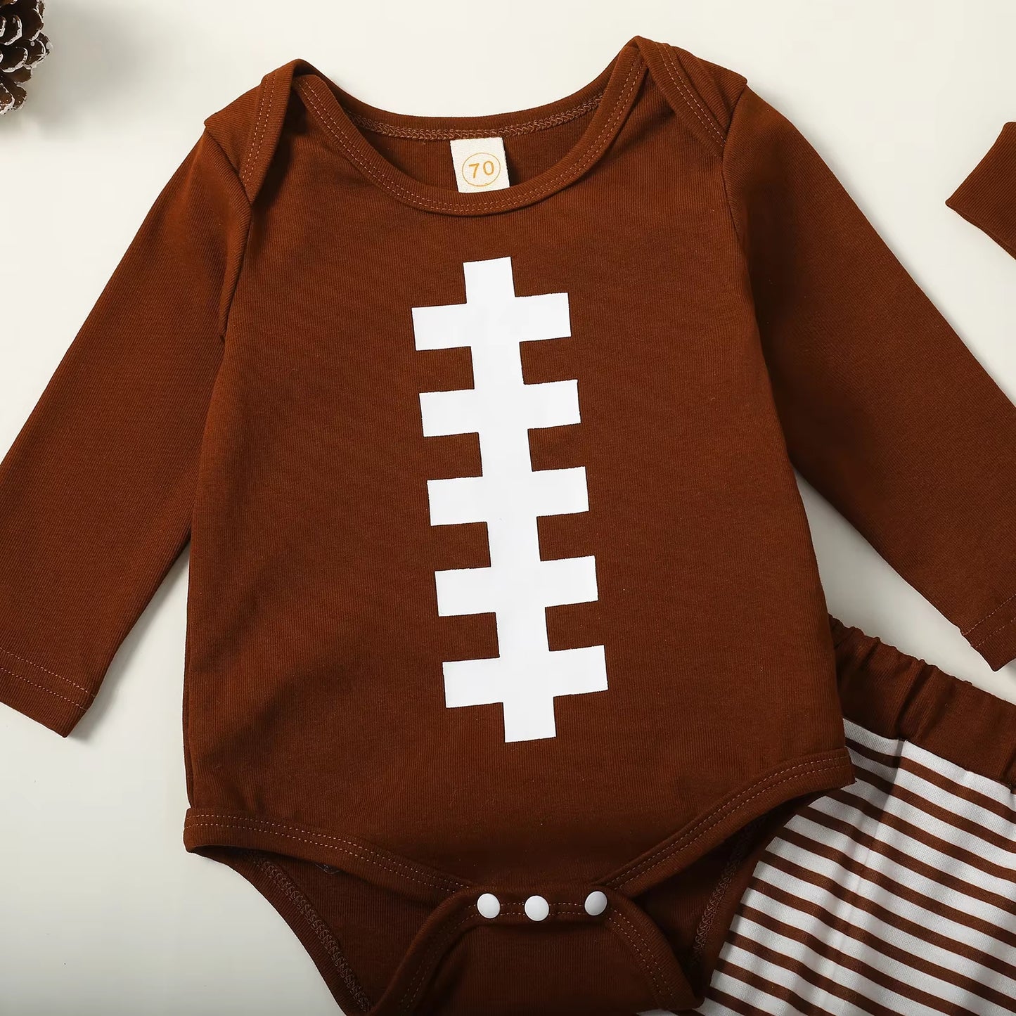 Adorable Baby Boy Football Print 3-Piece Outfit Set with Long Sleeve Romper, Striped Pants, and Beanie Hat for Fall & Spring