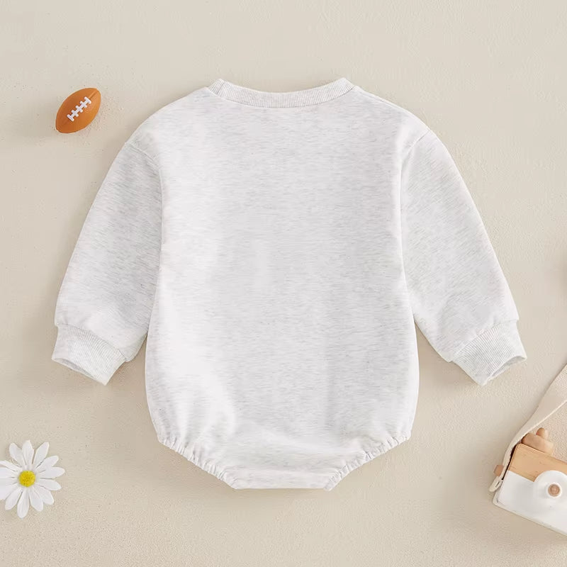 Adorable Baby Fall Romper with Football Embroidery – Long Sleeve Crew Neck Bubble Jumpsuit for Boys and Girls
