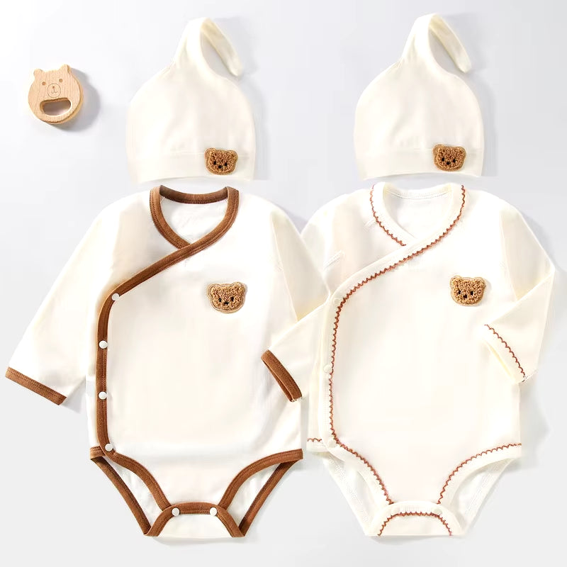 Korean Baby Romper+Beanie Set Cute Bear Infant Long Sleeve Jumpsuit Pure Cotton Newborn Onesie Clothes Toddler Triangle Bodysuit