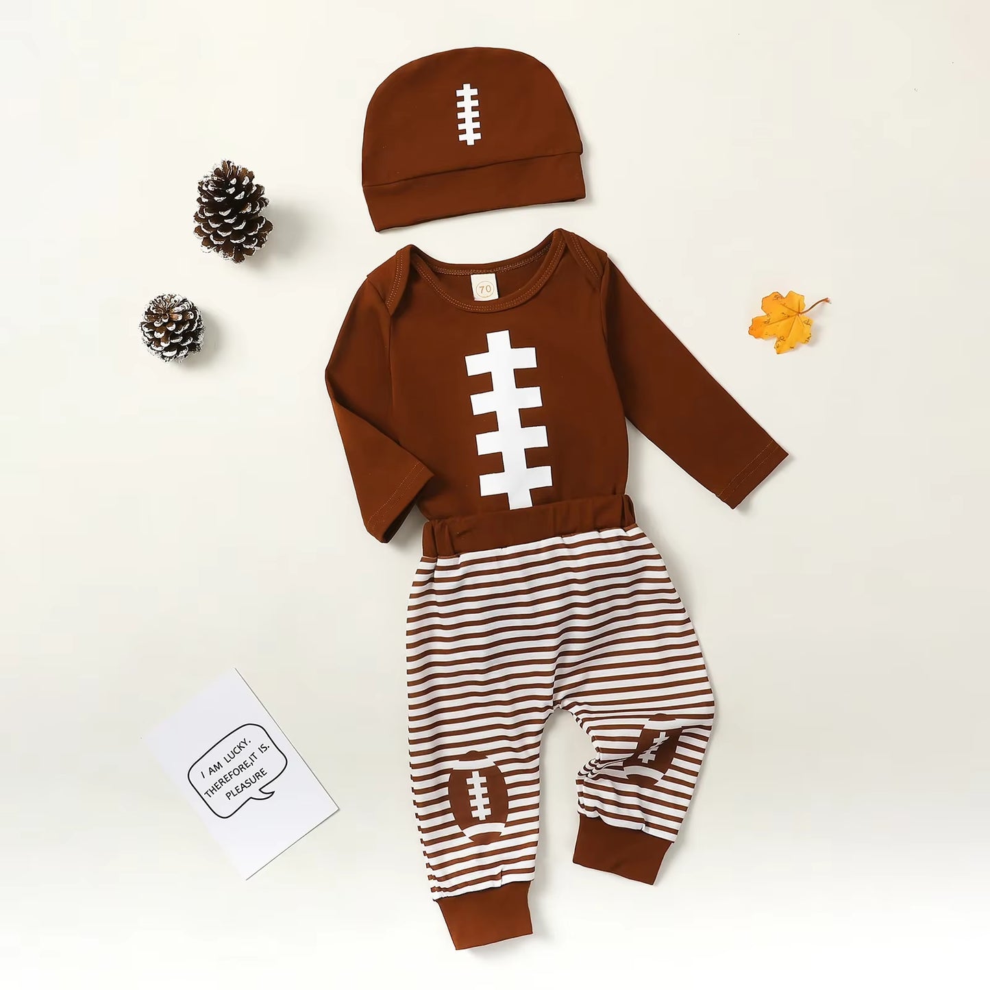 Adorable Baby Boy Football Print 3-Piece Outfit Set with Long Sleeve Romper, Striped Pants, and Beanie Hat for Fall & Spring