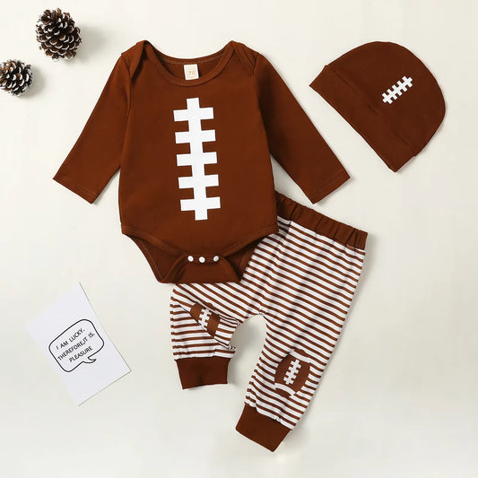 Adorable Baby Boy Football Print 3-Piece Outfit Set with Long Sleeve Romper, Striped Pants, and Beanie Hat for Fall & Spring