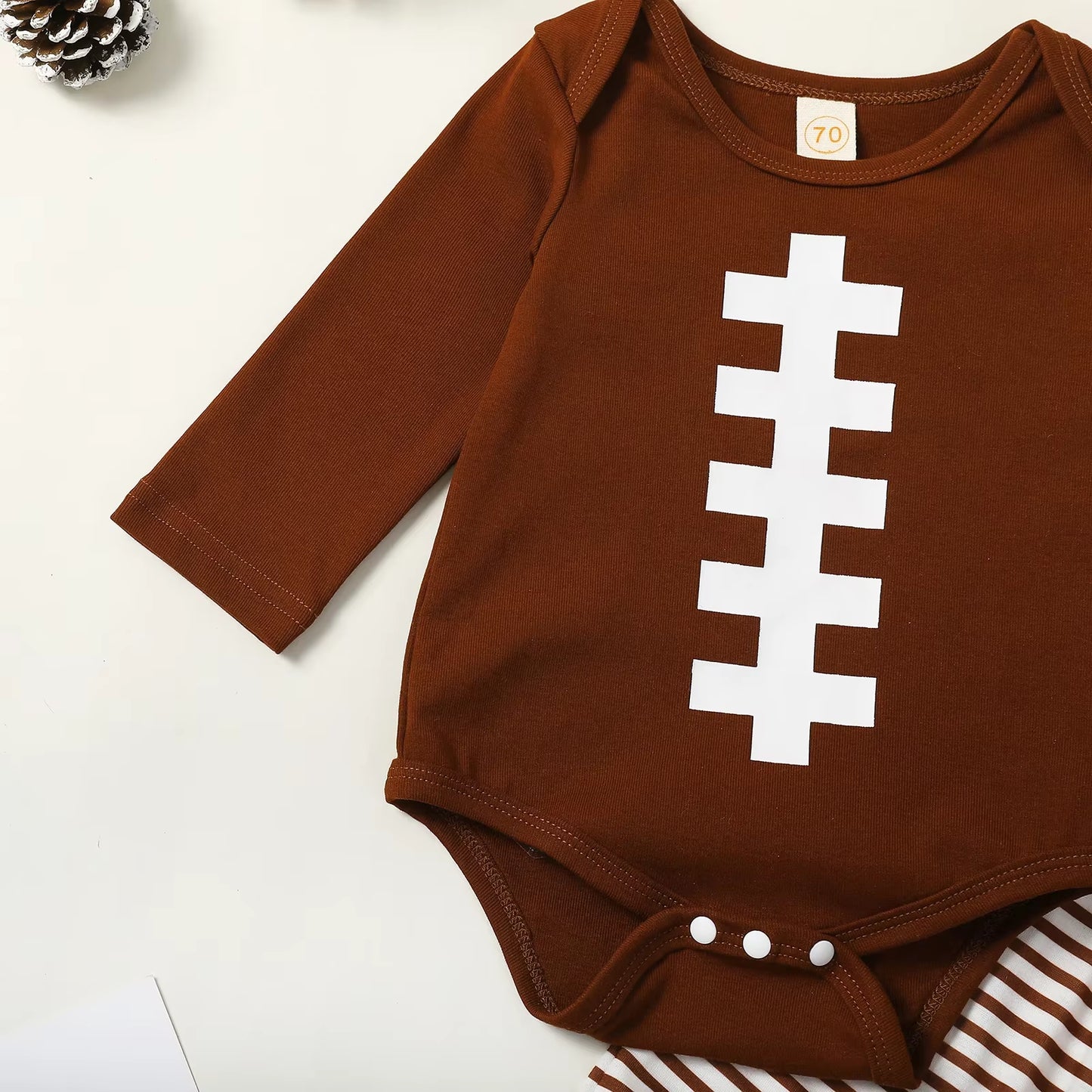 Adorable Baby Boy Football Print 3-Piece Outfit Set with Long Sleeve Romper, Striped Pants, and Beanie Hat for Fall & Spring